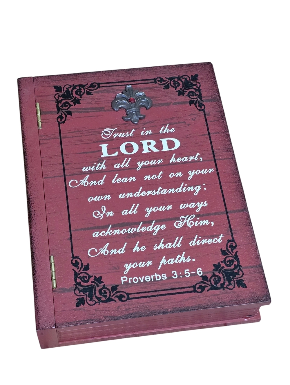 Decorative Scripture Wooden Box - Burgundy with Black and White Script